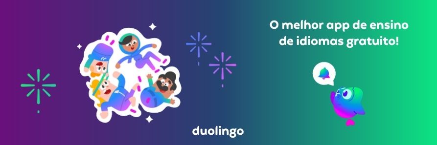 Banner Duolingo com mascotes ilustrados sobre gradiente roxo e verde e tagline 'O melhor app de ensino de idiomas gratuito'