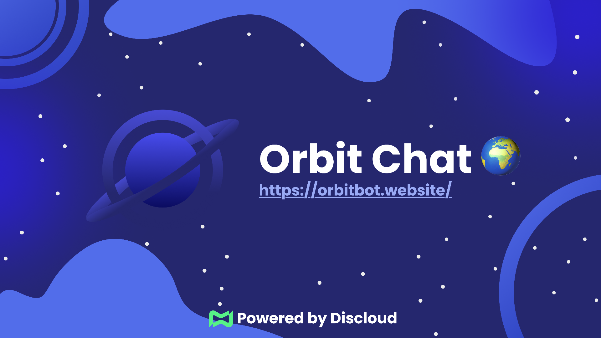 Banner Orbit Chat com fundo azul espacial, planeta com anel e link para orbitbot.website