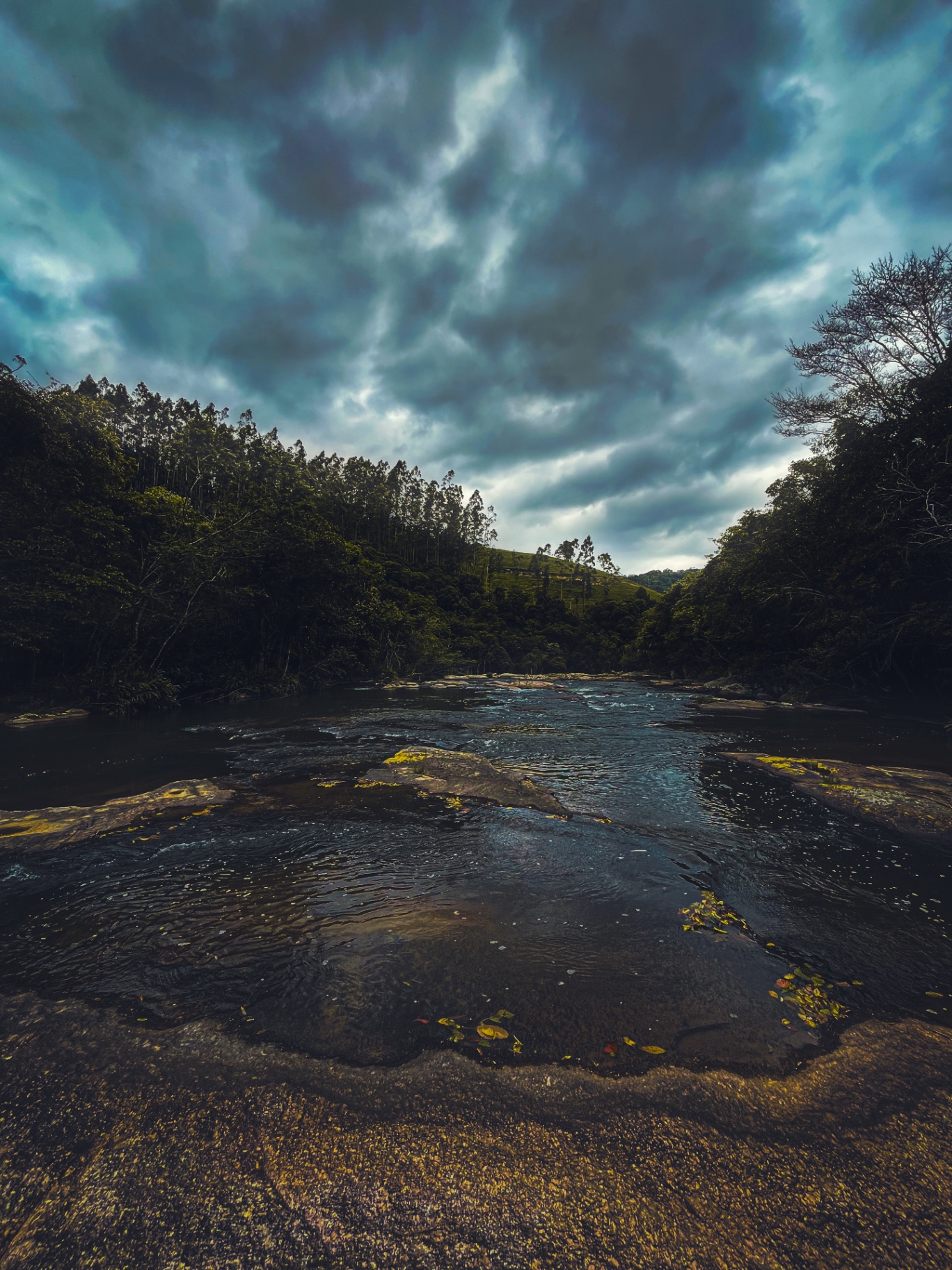 Rio correndo sobre pedras entre mata densa sob céu carregado de nuvens