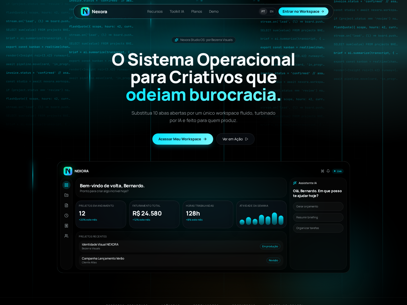 Landing page da Nexora — plataforma SaaS executiva com headline 'O comando financeiro da sua empresa, acelerado por IA' e dashboard em verde neon sobre fundo escuro