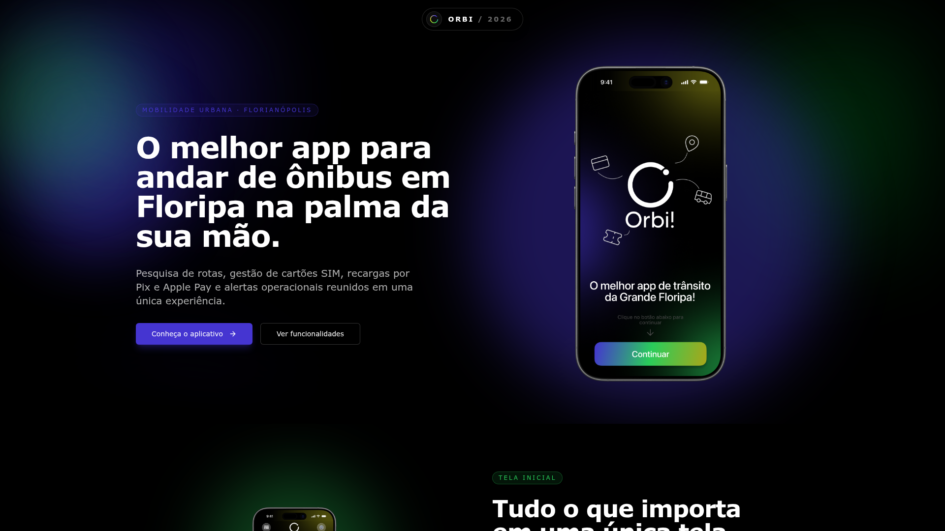 Landing page do Orbi — app de transporte público de Florianópolis com mockup de iPhone