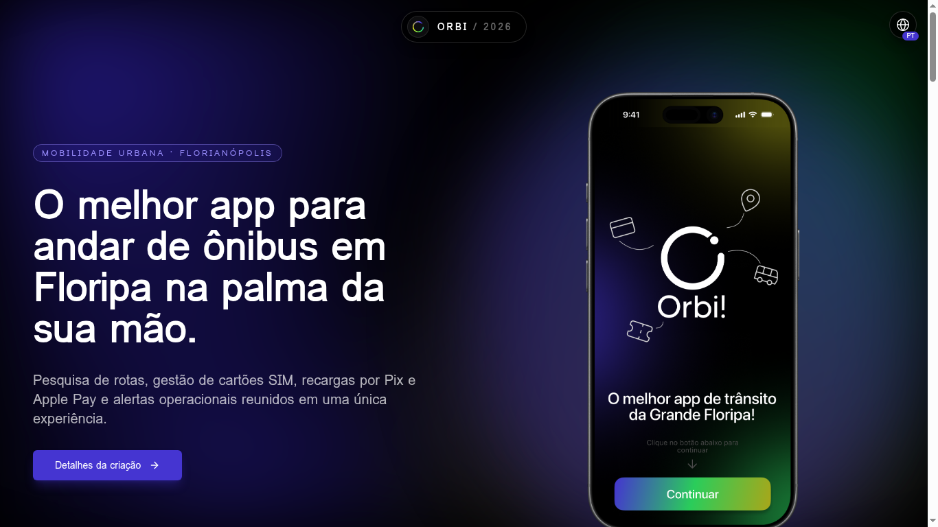 Landing page do Orbi — app de transporte público de Florianópolis com mockup de iPhone