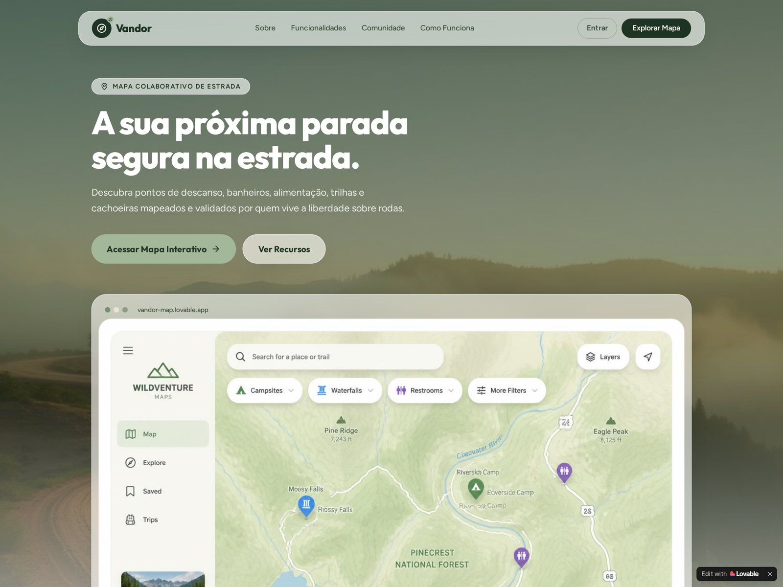 Landing page do Vandor — mapa colaborativo de paradas na estrada com headline 'A sua próxima parada segura na estrada' sobre paisagem de montanhas