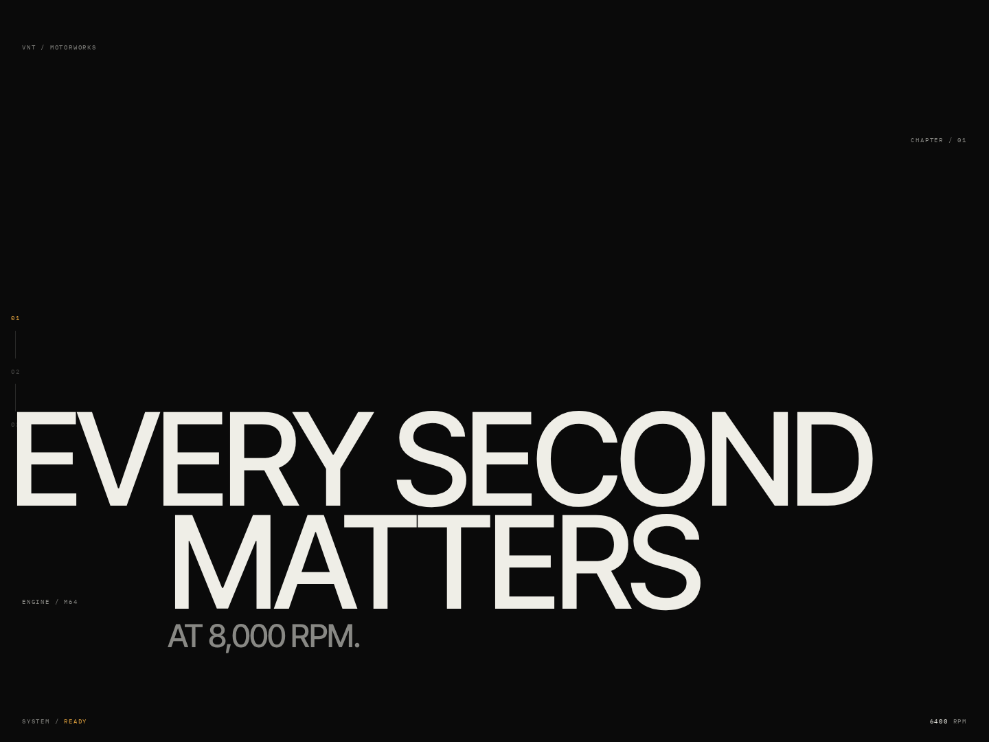 Landing page da V/A Motorworks — estúdio automotivo com headline 'Every second matters at 8,000 RPM' em tipografia grande sobre fundo preto